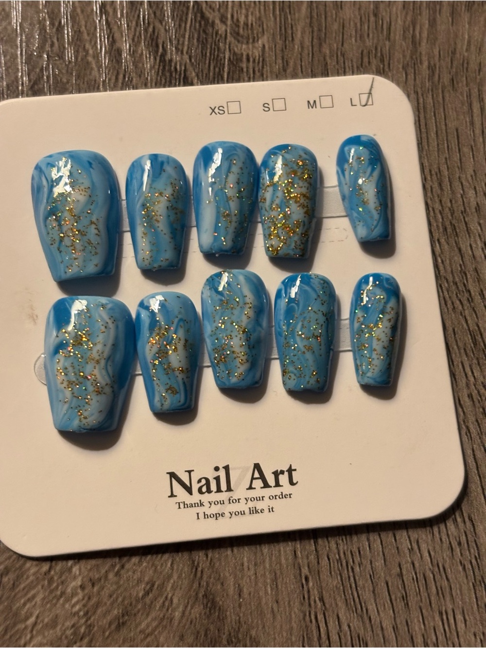 Blue Marble Press-On Nails with Gold Glitter -